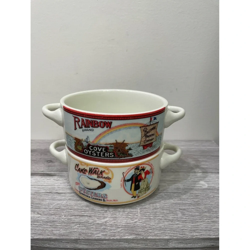 Vintage 1992 Fabled Labels Oyster Soup Bowls Set of 2 Rainbow Cake Walk Brand